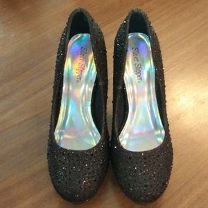 Black Silver Slipper rhinestone heels